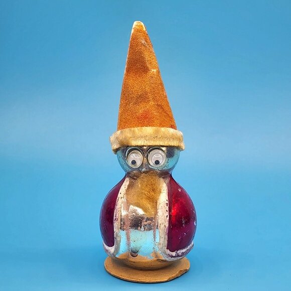 Santa Mercury Glass Ornament Googly Eyes Japan Flocked Hat Chenille v1 Antique - Picture 2 of 8